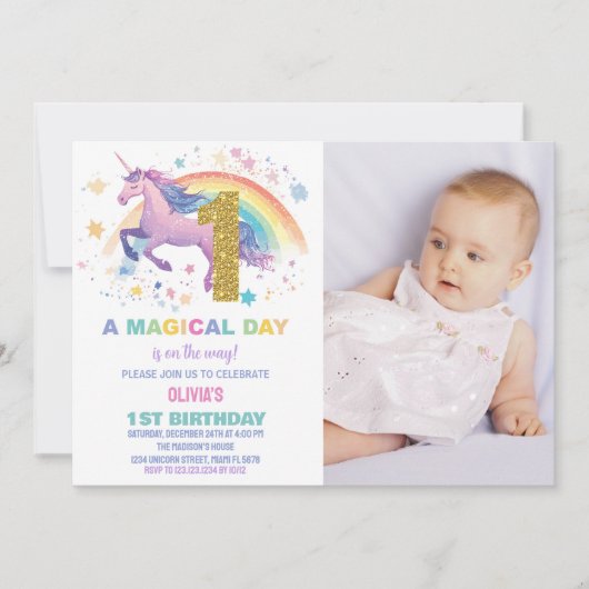 Première Unicorn Invitations Anniversaire avec pho (Devant)