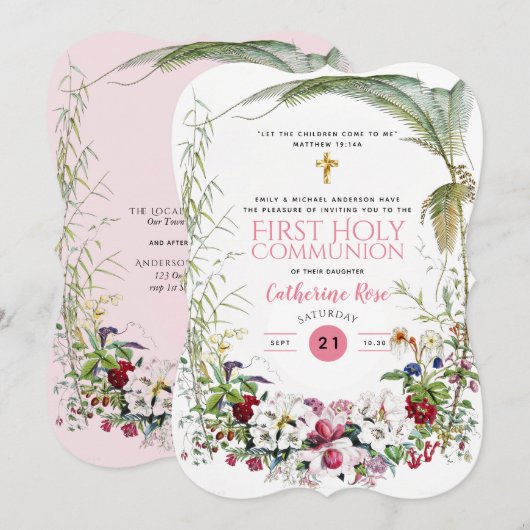 Premières Communion Filles Rose Floral Invitations (Devant / Derrière)