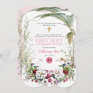 Premières Communion Filles Rose Floral Invitations