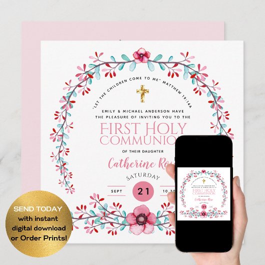 Premières Communion Filles Rose Floral Invitations