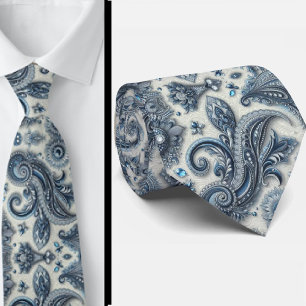 Premieure Blauwe en Witte Diamanten Paisley Heren Stropdas