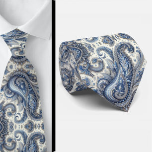 Premieure Blauwe en Witte Diamanten Paisley Heren Stropdas