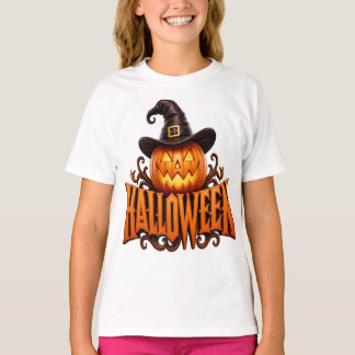 Premium 3D Halloween Pompoen Logo met Heksenhoed T-shirt