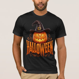 Premium 3D Halloween Pompoen Logo met Heksenhoed T-shirt