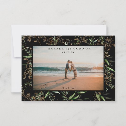 Premium Black Elegant Boho Sage Eucalyptus Foto Bedankkaart (Voorkant)