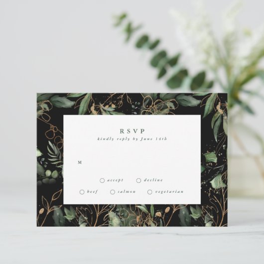 Premium Black Gold Botanical Eucalyptus Greenery RSVP Kaartje (Staand voorkant)