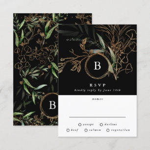 Premium Black Gold Monogram Eucalyptus Weddenschap RSVP Kaartje