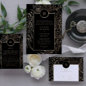 Premium Black Gold Monogram Wreath Wedding Kaart