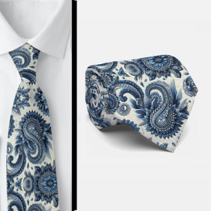 Premium blauwe en witte diamanten paisley das
