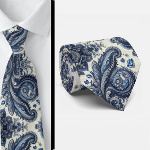 Premium Blauwe en Witte Diamanten Paisley Heren Da Stropdas