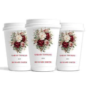 Premium Blush Burgundy Bloemige Trouw Cups Papieren Bekers