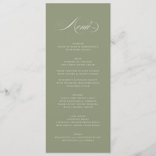 Premium Elegante Kalligrafie Sage Groene Bruiloft Menu (Voorkant)