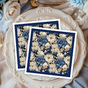 Premium Navy Witte Ivoor Bloem Luxe Servetten