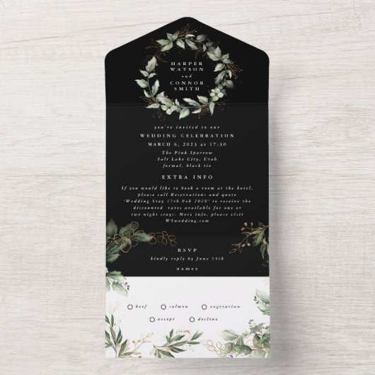 Premium onyx Black Eucalyptus Wreath Weddenschap All In One Uitnodiging (Binnen)