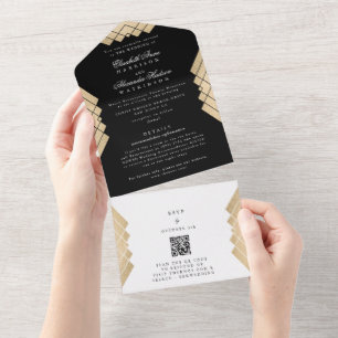 Premium onyx Gold Gatsby QR CODE RSVP Weddenschap All In One Uitnodiging