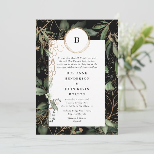 Premium - zwart goudmonogram botanische eucalyptus kaart (Staand voorkant)