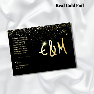 Premium Zwarte Gouden Monogram Foto Leer Look Foli Folie Uitnodiging