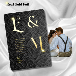 Premium Zwarte Gouden Monogram Foto Leerlook Folie Uitnodiging