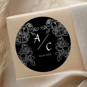 Premium Zwarte & Witte Franse Rozen Bruiloft Ronde Sticker