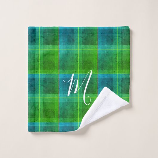 Préparation chic initiale vert et bleu tartan carr (Gant de toilette)