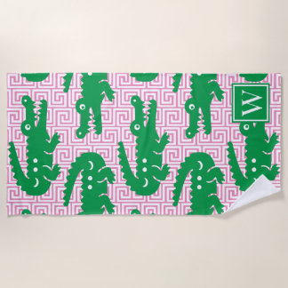 Preppy Alligator Greek Key - Roze & Groen Monogram Strandlaken