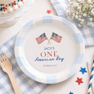 Preppy Amerikaanse teddybeer blauwe geruite jongen Papieren Bordje