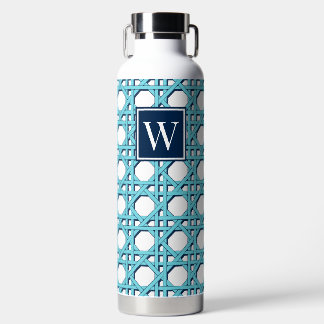 Preppy Aqua Blauwe Riet Rotan Lattice Monogram Waterfles