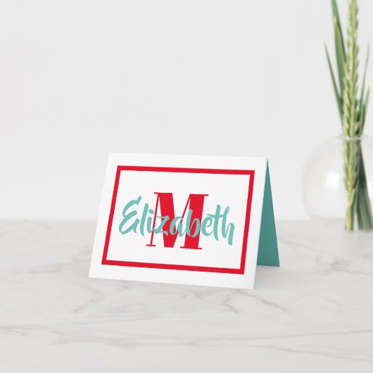 Preppy Aqua en Rood Monogram Notitiekaartje (Voorkant)
