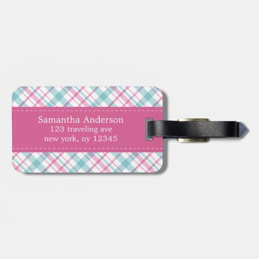 Preppy Aqua en Roze Patroon Bagagelabel (Achterkant horizontaal)