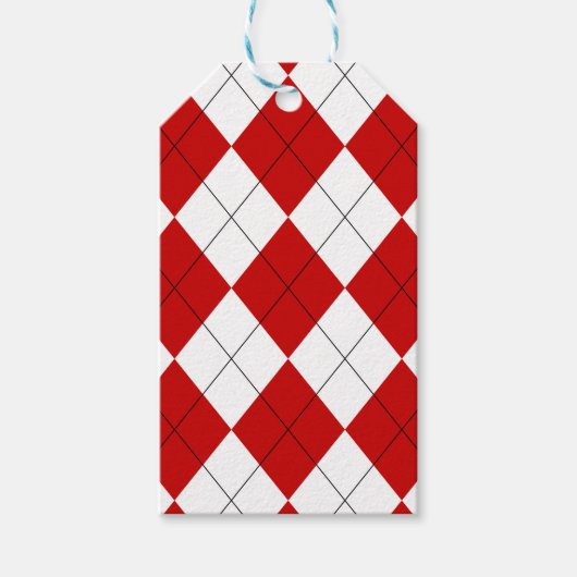 Preppy Argyle Tartan Diamond Plaid Rood Wit Cadeaulabel (Voorkant)