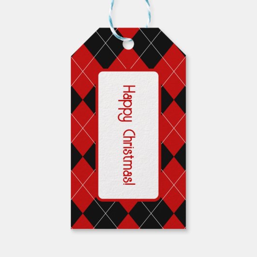 Preppy Argyle Tartan Diamond Plaid Rood Zwart Cadeaulabel (Achterkant)