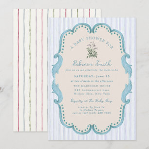 Preppy Baby Boy Blue Grandmillennial Baby Shower Kaart