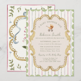 Preppy Baby Carriage Grandmillennial Baby Shower Kaart