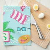 Preppy Beach Palm Tree Monogram Blauw Theedoek (Quarter Fold)