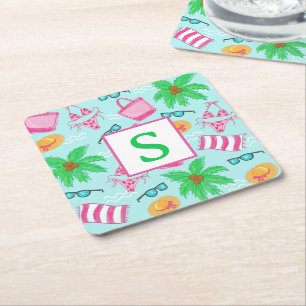 Preppy Beach Palm Trees Monogram Vierkante Kartonnen Onderzetter