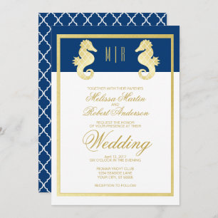 Preppy Beach Seahorse Navy Gold Wedding Kaart