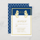 Preppy Beach Seahorse Navy Gold Wedding RSVP (Voorkant / Achterkant)