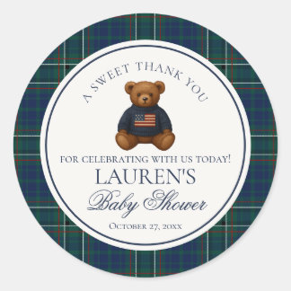Preppy Bear Tartan Plaid Boy Baby Shower Circle Ronde Sticker