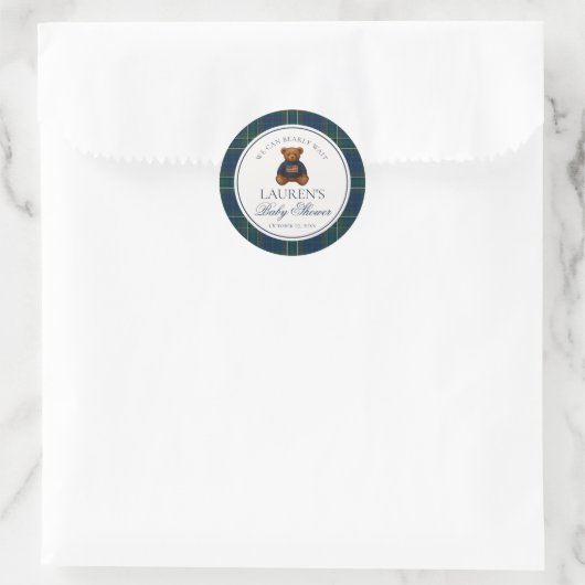 Preppy Bear Tartan Plaid Boy Baby Shower Envelope Ronde Sticker (Tas)