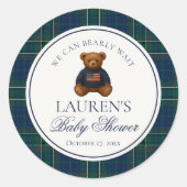 Preppy Bear Tartan Plaid Boy Baby Shower Envelope  Ronde Sticker (Voorkant)