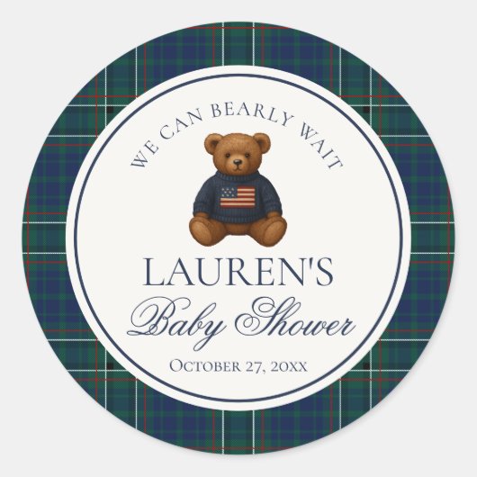 Preppy Bear Tartan Plaid Boy Baby Shower Envelope Ronde Sticker (Voorkant)