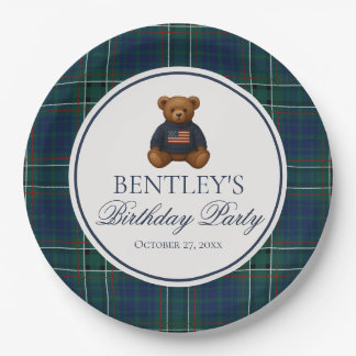 Preppy Bear Tartan Plaid Boy Birthday Party  Papieren Bordje
