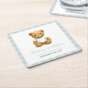 Preppy Beer Designer Blue Plaid Baby shower Vierkante Kartonnen Onderzetter