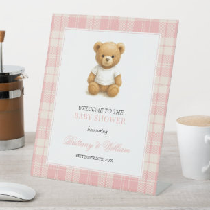 Preppy Beer Roze Plaid Baby shower Welkom Reclamebord Met Voetstuk