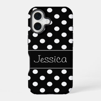 Preppy Black en White Polka Dots gepersonaliseerd iPhone 16 Hoesje