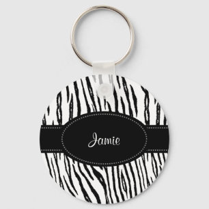Preppy Black en White Tiger Stripes met naam Sleutelhanger