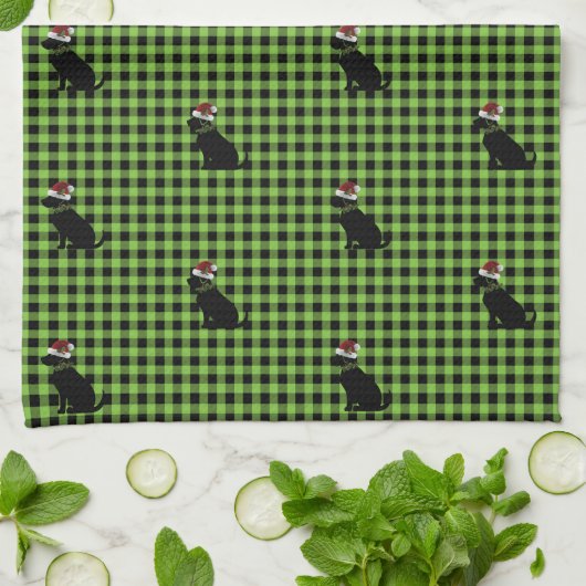 Preppy Black Lab kerst Pattern Green Gingham Theedoek (Gevouwen)