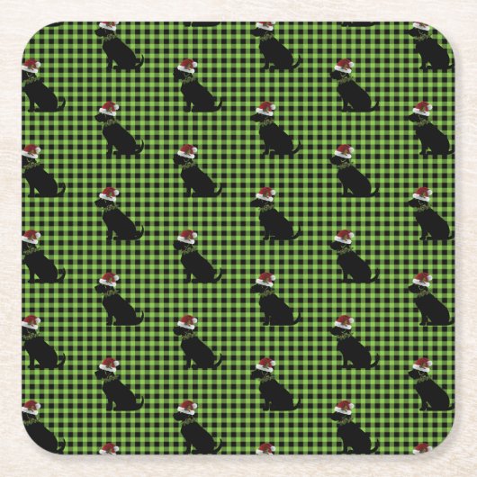 Preppy Black Lab kerst Pattern Green Gingham Vierkante Kartonnen Onderzetter (Voorkant)