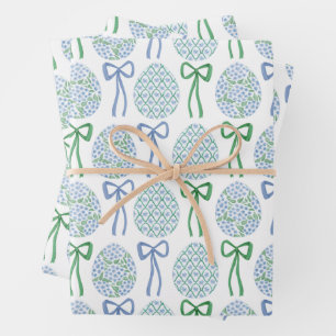 Preppy Blauw en Groen Pasen Bogen en Eieren Inpakpapier Vel