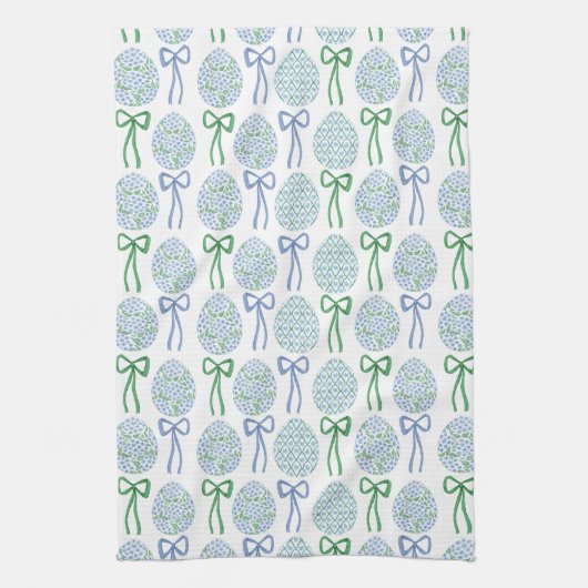 Preppy Blauw en Groen Pasen Bogen en Eieren Theedoek (Verticaal)